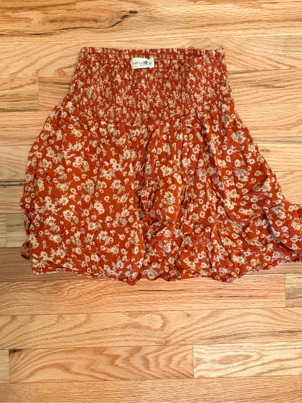 NATURAL LIFE Rust Orange Floral Smocked Mini Skirt